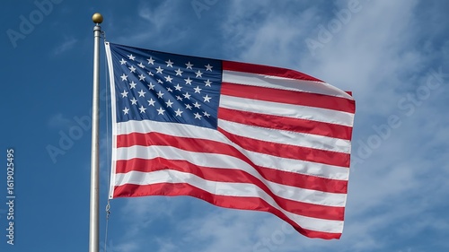 Proudly waving American flag against vibrant blue skies evokes patriotism and American pride