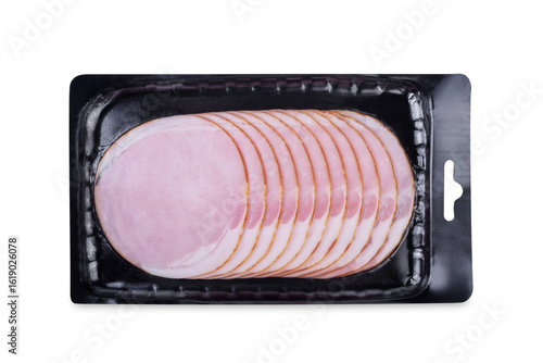 Meat ham in packaging on a white isolated background