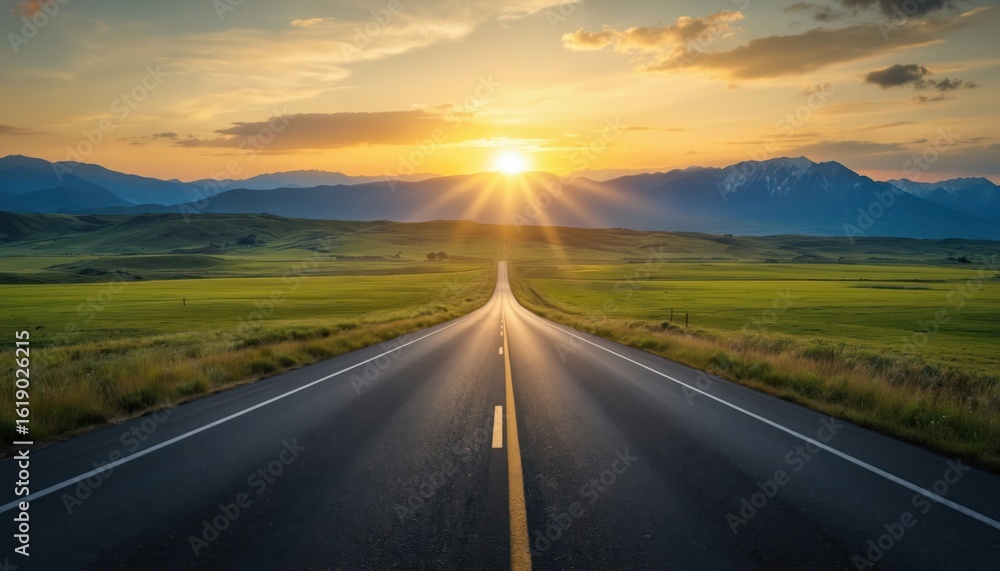 Naklejka premium Empty asphalt highway leads toward distant mountains at sunset. Sunrays burst from horizon over green fields. Symbolizes new beginnings, future possibilities, and success.