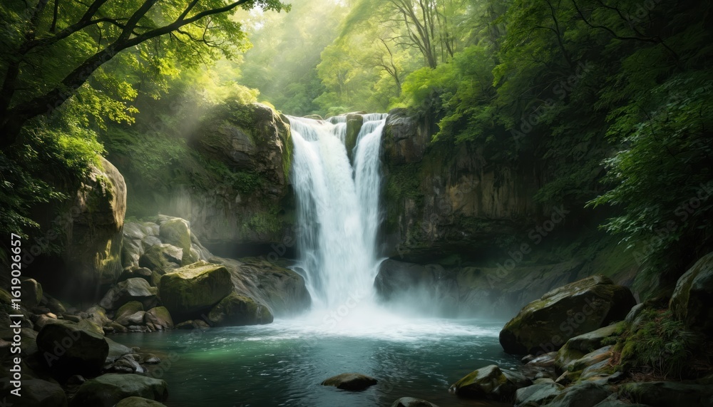 Fototapeta premium Majestic waterfall cascades down moss-covered rocks in rich green forest. Sunlight streams through trees, illuminating mist rising from turquoise water. Serene wilderness landscape invites