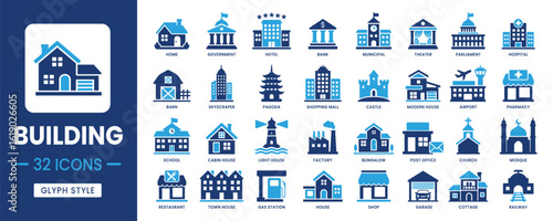 Building solid icons set, Containing house, hospital, bank, school, hotel icons, Glyph style, Minimal illustration, Isolated on a white background