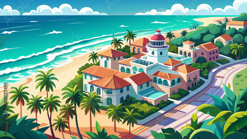 A water color of Palm Beach, aerial view of Florida blends turquoise waves with bright rooftops. Semi-realistic vector style captures soft gradients, palm-lined streets, and coastal charm from above.
