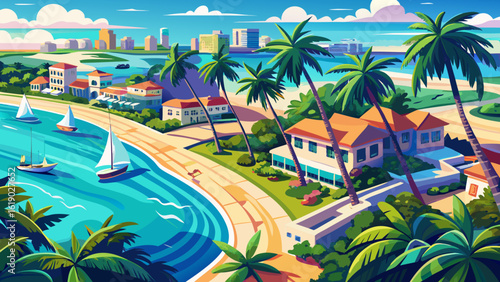 A water color of Palm Beach, aerial view of Florida blends turquoise waves with bright rooftops. Semi-realistic vector style captures soft gradients, palm-lined streets, and coastal charm from above.