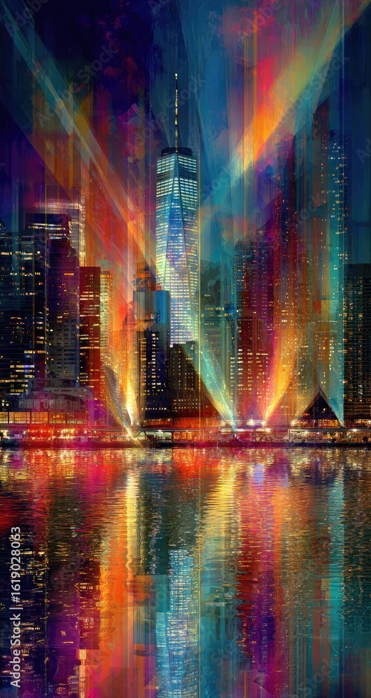 Naklejka premium Nighttime Manhattan skyline, vibrant light show, harbor reflection, celebratory event, poster art