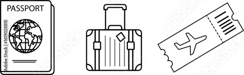 Travel & Tourism Essentials Vector Icons: Passport, Luggage, and Airplane Ticket for Journey, Vacation & International Trip Concepts