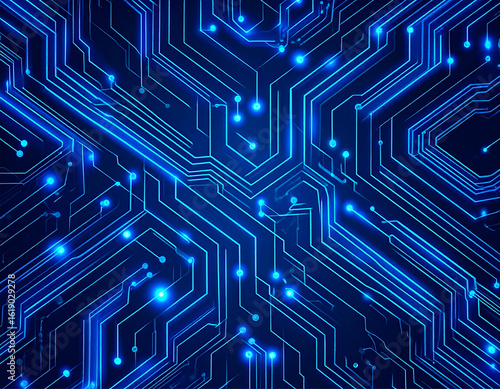 Futuristic circuit board pattern, glowing neon blue lines on a dark background, isometric tech texture, clean vector style, abstract motherboard design, no text, high resolution