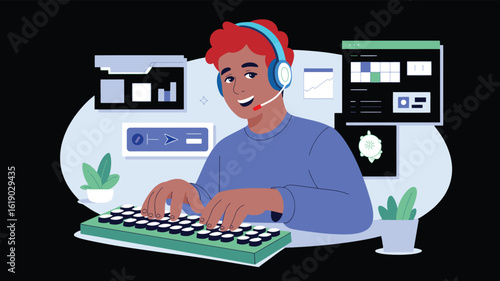 Tech-savvy man using keyboard with data screens and charts around him, symbolizing remote work, analytics, digital tools, and productivity