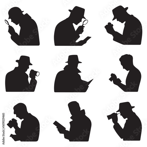 Collection of detective silhouettes in various poses, isolated on white background vector illustration of a man with a hat, magnifier, newspaper, and gun
