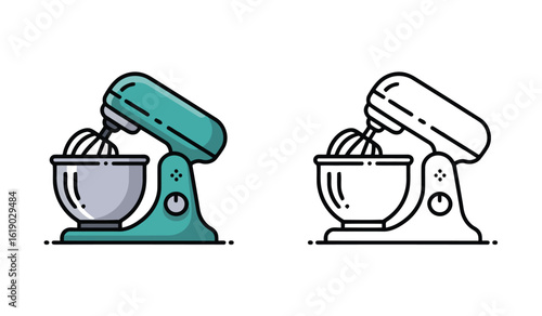Two Kitchen Mixer Illustrations One Colorful and One Black and White Line Art
