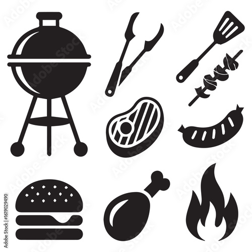 Barbecue grill and food icons isolated on white background vector illustration of meat, burger, chicken, sausage, steak, kebab, tongs, spatula, and fire