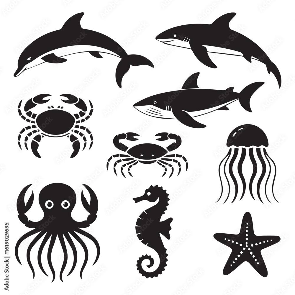 Fototapeta premium A captivating collection of marine creatures in silhouette, featuring dolphins, sharks, crabs, jellyfish, octopus, seahorse, and starfish, isolated on white background