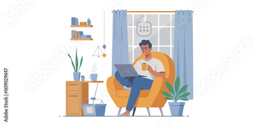 Man working on laptop with coffee in cozy home office featuring books, plants, and soft light—symbolizing remote work, comfort, and focus
