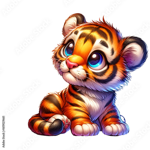 Adorable Tiger Cub: A charming, cartoon-style illustration of a cute tiger cub, showcasing its playful innocence and captivating eyes.