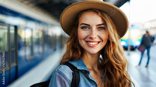 Smiling Traveler: A radiant woman with long flowing hair and a stylish hat exudes joy and anticipation as she prepares for her travel journey at a train station.