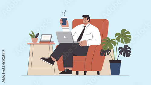Man relaxing in orange armchair with coffee and laptop, symbolizing remote work, comfort, modern lifestyle, and casual productivity