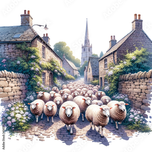 Flock of Sheep in a Historic Village: Witness a charming procession of sheep winding their way through an ancient, cobblestone village.