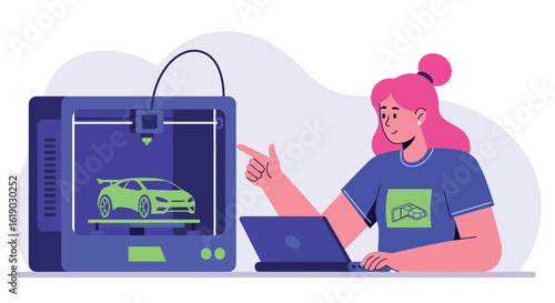Woman using 3d printer to create car model with laptop in modern flat style