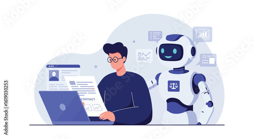 Ai collaboration in the workplace: man and robot analyzing data with digital tools