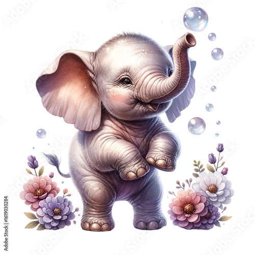 Playful Elephant Amidst Flowers: A cheerful baby elephant, surrounded by beautiful flowers and floating bubbles, embodies the joyful spirit of nature.