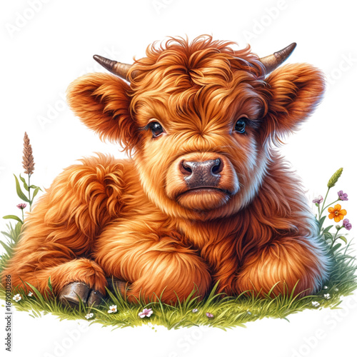 Cute Highland Calf Resting: A charming illustration of a fluffy Highland calf resting serenely on a patch of vibrant green grass, exuding warmth and tranquility.