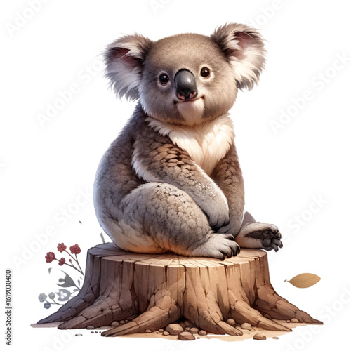Koala on Stump: A cuddly koala sits comfortably on a weathered stump, its soft fur and endearing expression radiate warmth and friendliness.