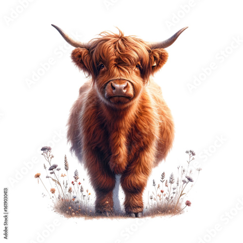 Highland Cow Amidst Flowers: An enchanting illustration of a Highland cow, with its shaggy coat and majestic horns, standing amidst delicate wildflowers, a vibrant tribute to the beauty of rural life.
