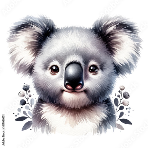 Cute Koala Portrait: An adorable koala with fluffy fur and expressive eyes. captured in a delightful illustration, embodying the charm and innocence of wildlife.