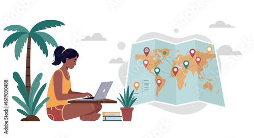 Woman working on laptop with world map and location pins illustration