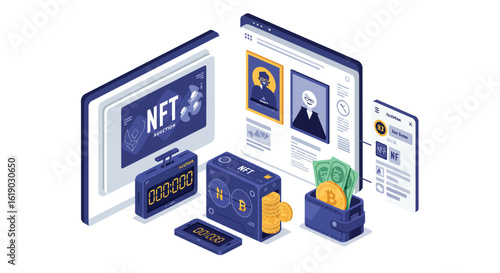 Isometric digital currency and nft marketplace concept with cryptocurrency elements