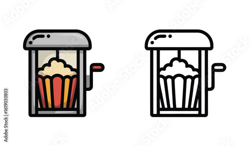 Illustration of a Popcorn Machine and its Line Art Variation