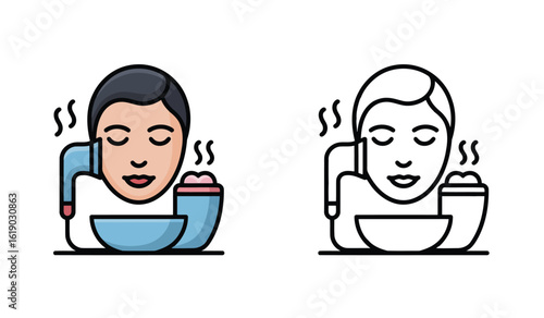 Facial Steam Beauty Treatment Icons Featuring Woman Spa Therapy and Wellness