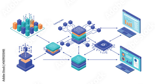 Isometric diagram of machine learning process with data visualization and neural networks