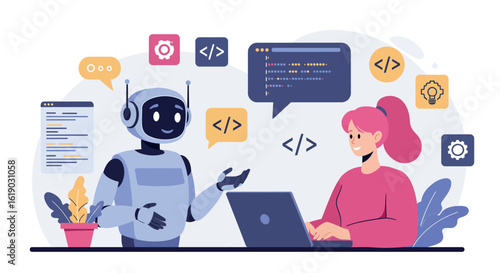 Friendly robot and woman coding together in a modern office environment