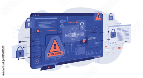 Isometric cybersecurity concept with laptop displaying cyber attack alert and security icons