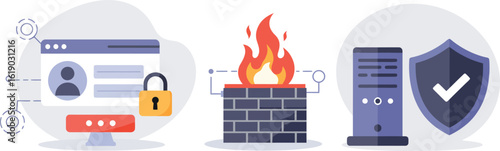 Cybersecurity concepts: firewall protection and secure data access with shield and lock icons