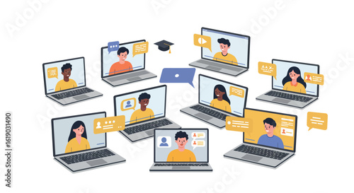 Online learning and virtual classroom with diverse students on laptops