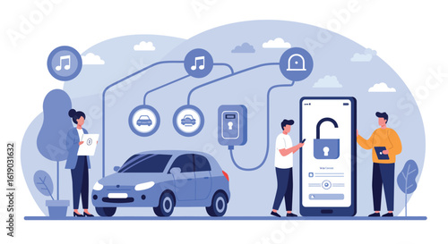 Smart car remote access with mobile app connection in flat design