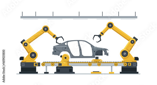 Automated assembly line with industrial robotic arms building car frame