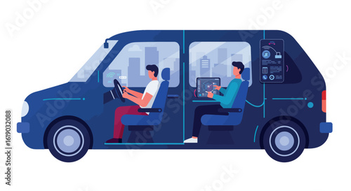 Modern autonomous vehicle with passengers using digital devices in flat design