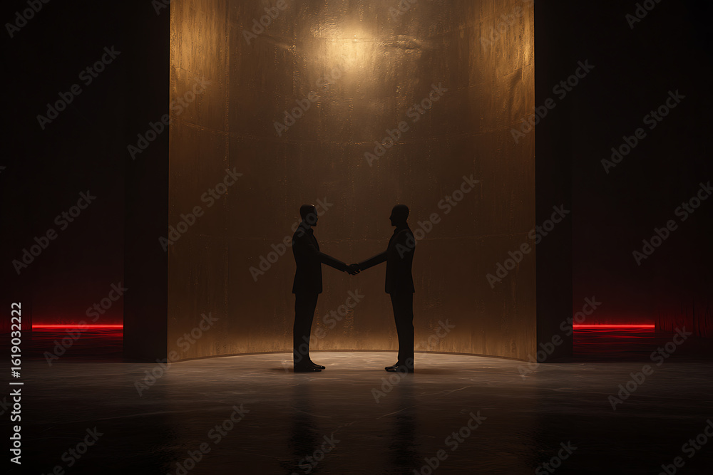 Obraz premium cybersecurity breach, security camera blinking red indicates a corrupt handshake in the golden room