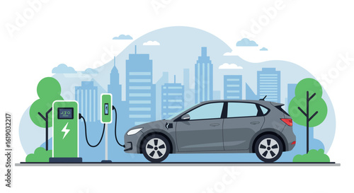 Electric car charging at urban station with cityscape in background