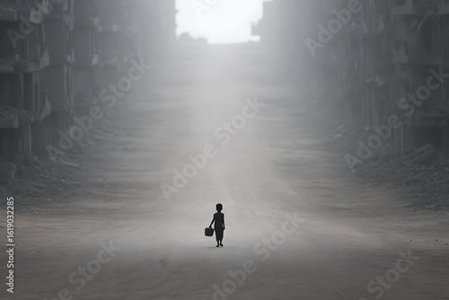 urban poverty, boy walks with water jug on gazas dusty road, passing collapsed buildings