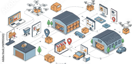 Isometric online shopping and delivery concept with warehouses and drones