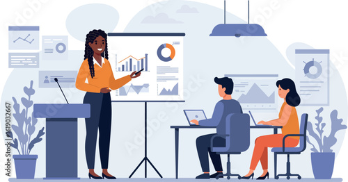 Business presentation in modern office setting with engaged team discussion and visuals