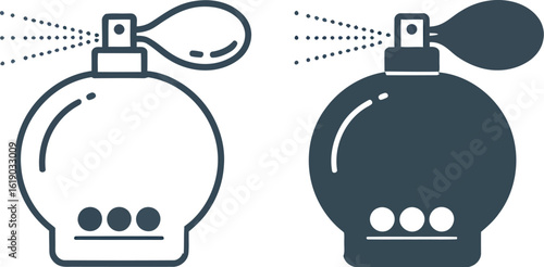 Three perfume bottle icons in different styles on a gradient background with spray nozzle detail design