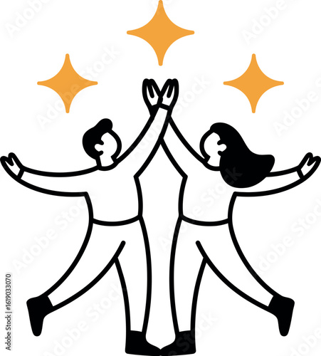 Illustration of two people giving a high five with stars against a light gray background design vector
