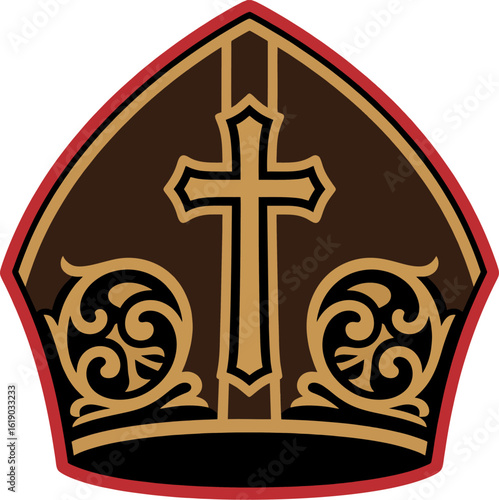 Elegant Two-Color Bishop Mitre Vector with Gold Cross and Baroque Ornaments