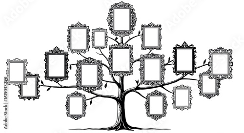 Elegant family tree with ornate frames in monochrome design
