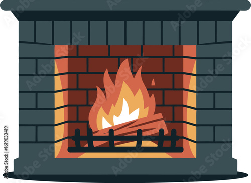 A cartoon illustration of a brick fireplace with burning logs and flames against a light background