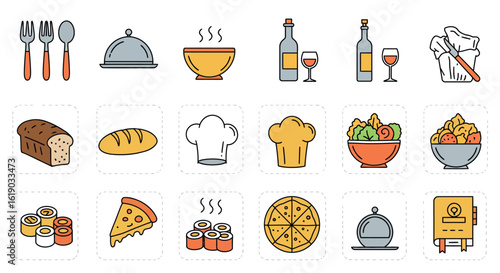 Colorful culinary icons set with food and drink symbols for menus